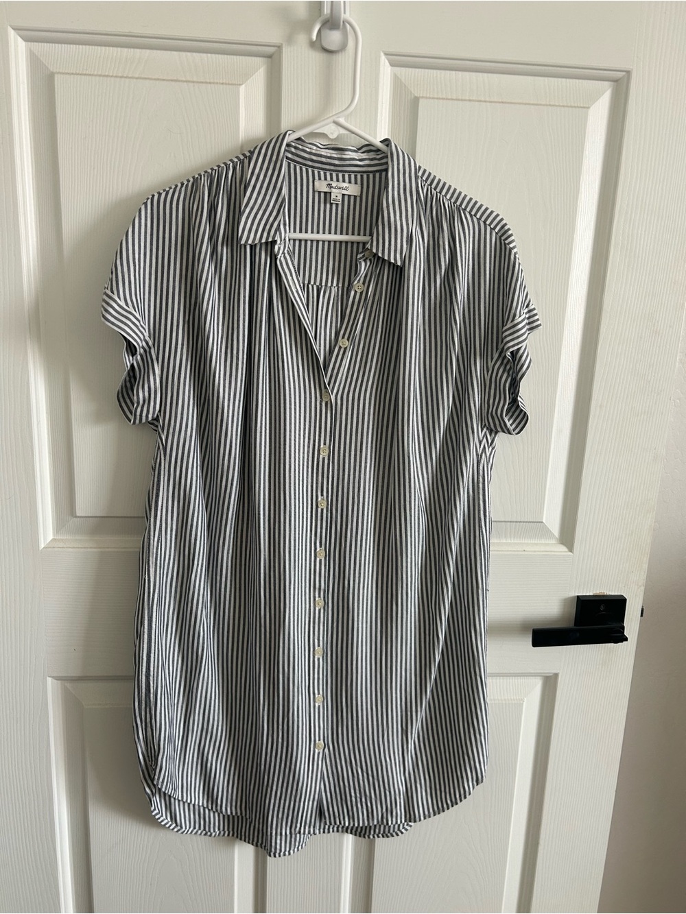 Madewell Navy Blue & White Vertical Stripe Short Sleeve Button-Down Shirt Dress